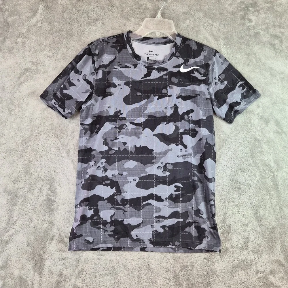Nike Dri Fit Camo Athletic Training Shirt Men Small Black Gray Swoosh Activewear